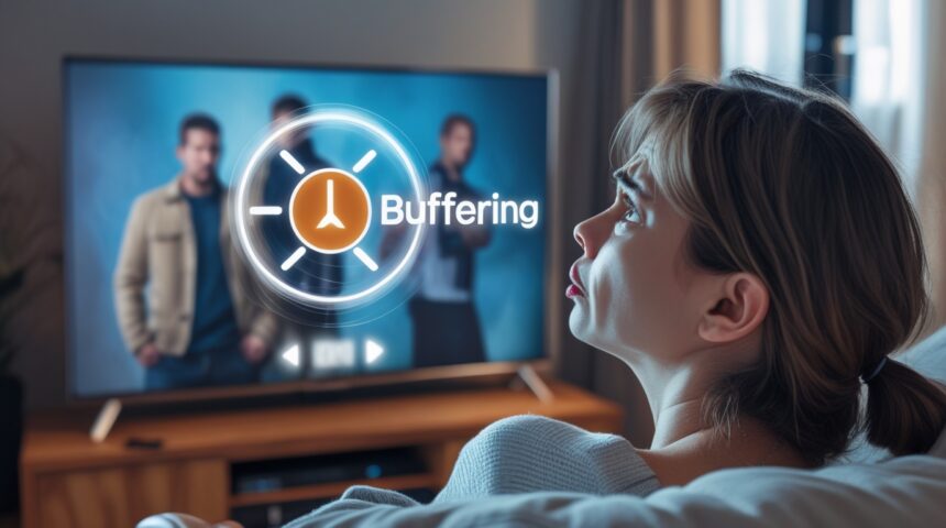 Person frustrated with IPTV Subscription TV buffering issue while trying to watch on a smart TV